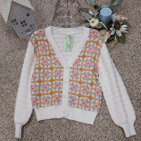 BiBi Sweaters - 3569 Size M/L Bi Bi Granny Square Button Down Sweater in Pink and Green, NWT.